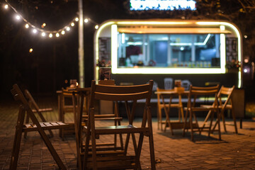 Booths with street food, hot dog