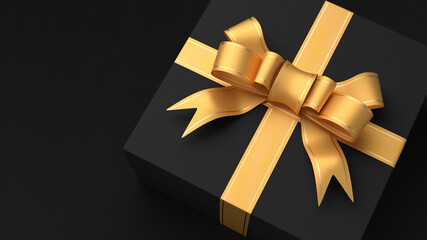 Black gift box with a yellow ribbon. Black Friday. Valentine's Day. 3d render.