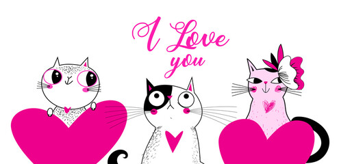 Vector greeting card with loving cats and hearts
