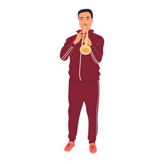 Trumpet player in tracksuit flat color vector detailed character. Musician playing musical instruments musical trumpet. Trumpeter on bar chair isolated cartoon illustration for web graphic design