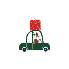 Reindeer riding a green Christmas car with a gift box on it. Cartoon style, islolated on white background