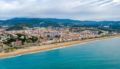 Aerial panoramic view of Canet de Mar city at dawn.  Barcelona, Spain.