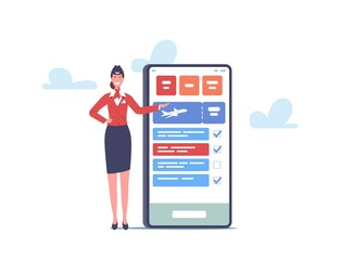 Tiny Stewardess near Huge Smartphone. Flight Attendant, Air Hostess Girl Wear Uniform and Cap Inviting Passengers