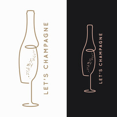 Champagne bottle logo. Glass of champagne on black - 399364307