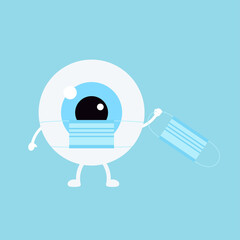 Cute eyeball with medical mask isolated on background. Flat design cartoon style personal hygiene and coronavirus  or infection prevention and protection character vector illustration. 