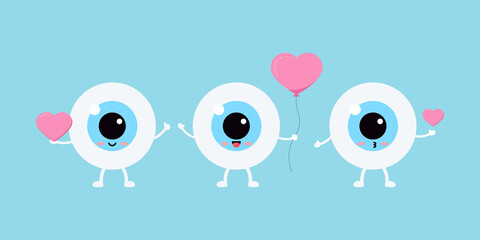 Eye with heart vector ophthalmology love icon set. Flat design cartoon smiling eyeball character in love for valentines day design illustration. Happy boy hold balloon heart in hand and air kiss.