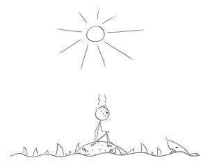 Vector cartoon stick figure illustration of frustrated man sitting alone on small empty deserted island surrounded by sharks.