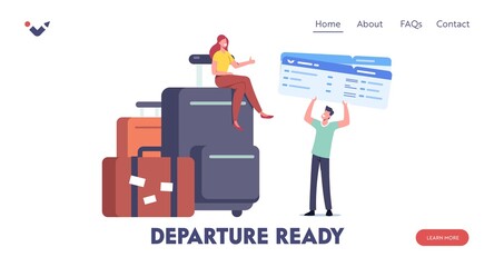 Vacation Trip, Holidays Landing Page Template. Tiny Traveler Characters with Huge Luggage Booking Tickets for Journey