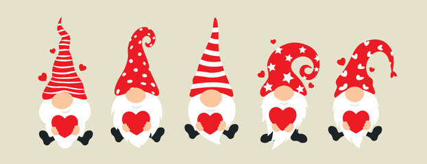 Set of cartoon gnomes. Collection of cute christmas gnomes holding hearts. Funny characters in love for children and couples. Vector illustration