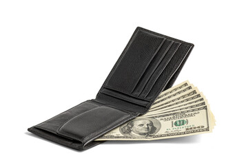Black mens wallet with money isolated on white with shadow.