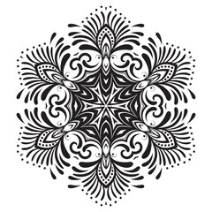 Mandala. Snowflake. Decorative round ornaments. Indian design elements. Yoga logos. Black and white vector illustration. Good for greeting card, textiles, tattoo, engraving.