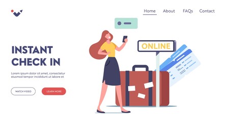 Female Use Travel Application Technology Landing Page Template. Woman Traveler Use Mobile Phone App to Search Flight