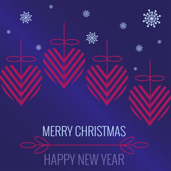 Christmas and New Year banner with decor. Red hearts and snowflakes on blue background, text. Vector illustration for posters, cards, sales, stories.