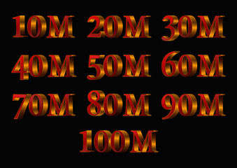 Subscribers number icon set. 3D vector, 3D golden numbers, Set of numbers for Thanks followers design, millions of flowers