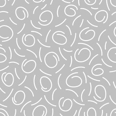 Abstract seamless pattern. Simple repeating illustration with circles and lines. White lines on gray background. Vector endless texture for wrapping paper, textile, wallpaper, fabric.