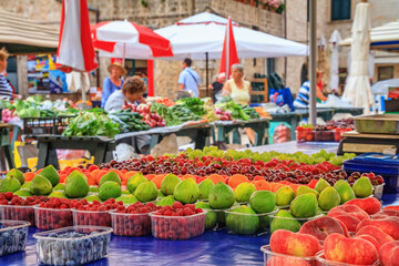 Summer cityscape - view of the fruit counter at the Gunduliceva Poljana Market in the Old Town of...
