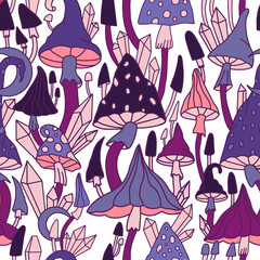 Vector magic seamless pattern with esoteric mushrooms, magic crystals, amanita on a white.Graphic lines and color.Hand drawn in a graceful mysterious style. For wrapping paper, caps, fabric, wallpaper