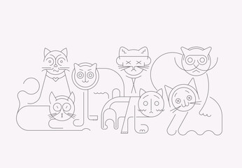 Grey line art silhouettes isolated on a white background Cats vector illustration. 