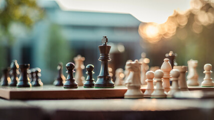 A chess set outside in the summer