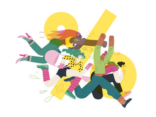 Fototapeta premium Discounts, sale, promotion - modern flat vector concept illustration of people crowd running in the pursuit of the discounts, with a big percent sign on the background