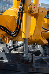 Elements of large mobile construction crane tower on sky background