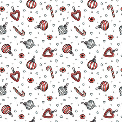watercolor pattern with christmas toys, sweets and decorations