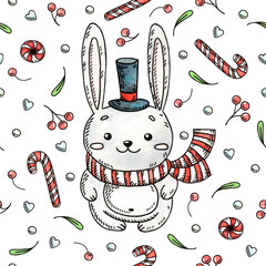 hand-painted watercolor illustration of a cute christmas bunny, can be used like a seamless pattern