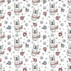 seamless pattern with cute bunnies and christmas elements on a white background