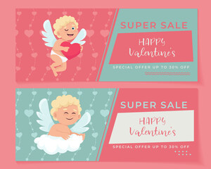 Valentines Day 2 banner set with cute cupid. Vector illustration