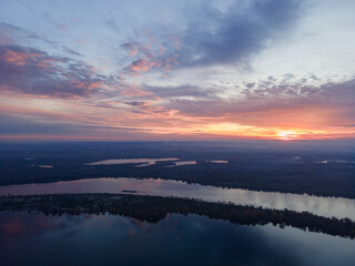 Aerial view of morning sunrise over the Dnieper river