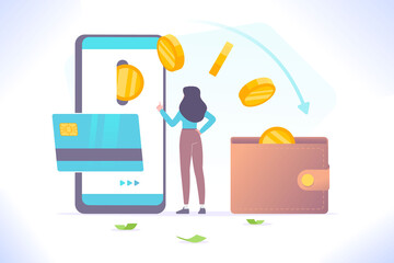 Online cashback and reward concept. Customer making payment with credit card and receives cash back from online store, money transfer from smartphone to wallet, vector illustration