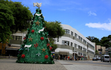 salvador, bahia, brazil - december 14, 2020: Christmas tree made from recycling of pet bottle is seen in the Barra district in the city of Salvador. 