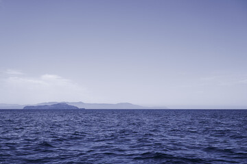 Fototapeta na wymiar Blue sea with rocky grasses as a natural background.
