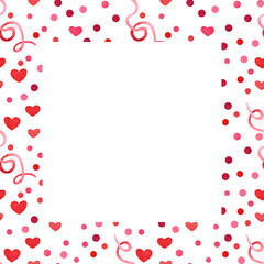 Watercolor frame with confetti and hearts for Valentine's Day. Design of postcards, invitations