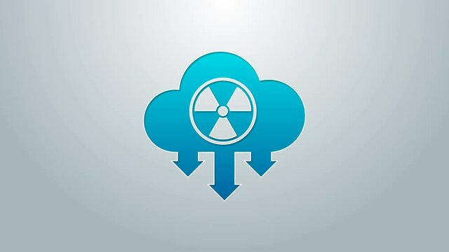 Blue line Acid rain and radioactive cloud icon isolated on grey background. Effects of toxic air pollution on the environment. 4K Video motion graphic animation