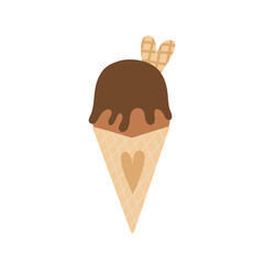 Vector chocolate ice cream cone with  waffle heart and chocolate drips. Valentine's day vector illustration.