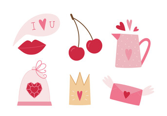 Valentine's day vector pink set of red lips with talk cloud, hot pink cherry, gold crown, flying envelope with wings, heart shaped ruby gemstone in glass dome lid with ribbon bow, pastel pink jug.