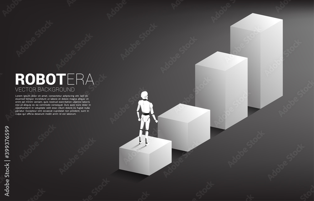 Poster Silhouette of robot standing on bar chart step. concept of artificial intelligence and machine learning worker technology