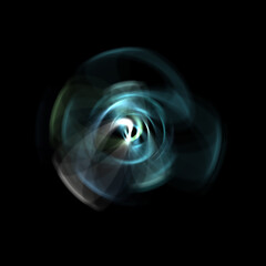 Spinning rays of light isolated on black background. Graphic 2D illustration of glowing colorful light particles in circular motion.