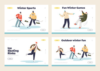 Winter activities concept of set of template landing pages: hockey, skating, snowballs