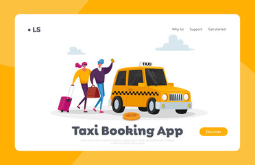 People Order Auto via App Landing Page Template. Couple Waiting Taxi Car on Street. , Passenger Delivery Service