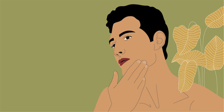 Young man with naked shoulders touching face arter shaving. Men's skin care.