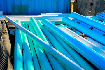 Fototapeta na wymiar Blue plastic pipes for drains water for building