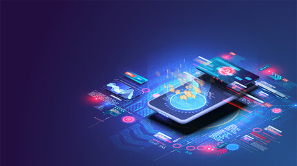 Online money transfer. Financial analytics, digital financial services. Sending and receiving money wirelessly, bank payment application landing page. Secure card payment. Vector illustration