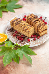 front view cake slices with red berries on light background biscuit cake sweet