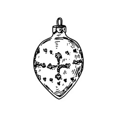 Hand drawn Christmas decorative element. Christmas tree vintage toy. Vector illustration in sketch style.