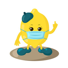 Cute kawaii lemon with beret, shoes and medical protective face mask holding index finger up. Colored isolated natural vector illustration in flat design with shadows