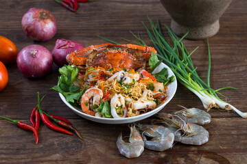 Thai spicy seafood salad with Mama noodles