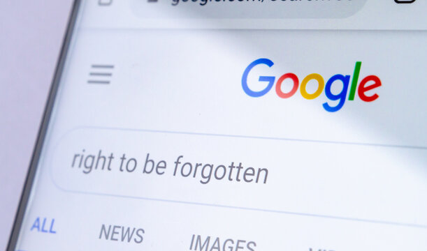 Stone, UK - September 24 2019: Google search page with the words "right to be forgotten" on the smartphone screen. Close up image.