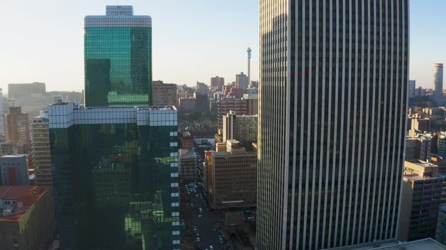 AFRICA,SOUTH AFRICA,CIRCA 2020. Tilt up aerial view of high rise buildings in Johannesburg City Centre, South Africa